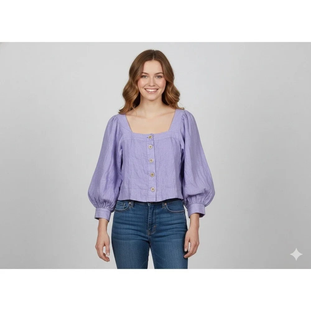 J.‎ Crew Linen Puff Sleeve Square Neck Crop Top Lilac Size S-New-
